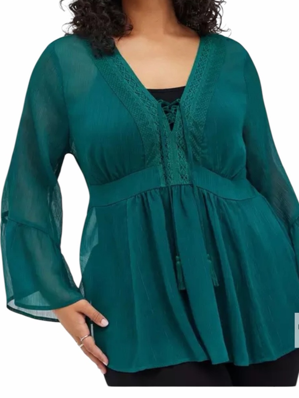 Teal V-Neck Babydoll Chiffon Lurex Crochet Detail Lace Up Peasant Blouse 0X